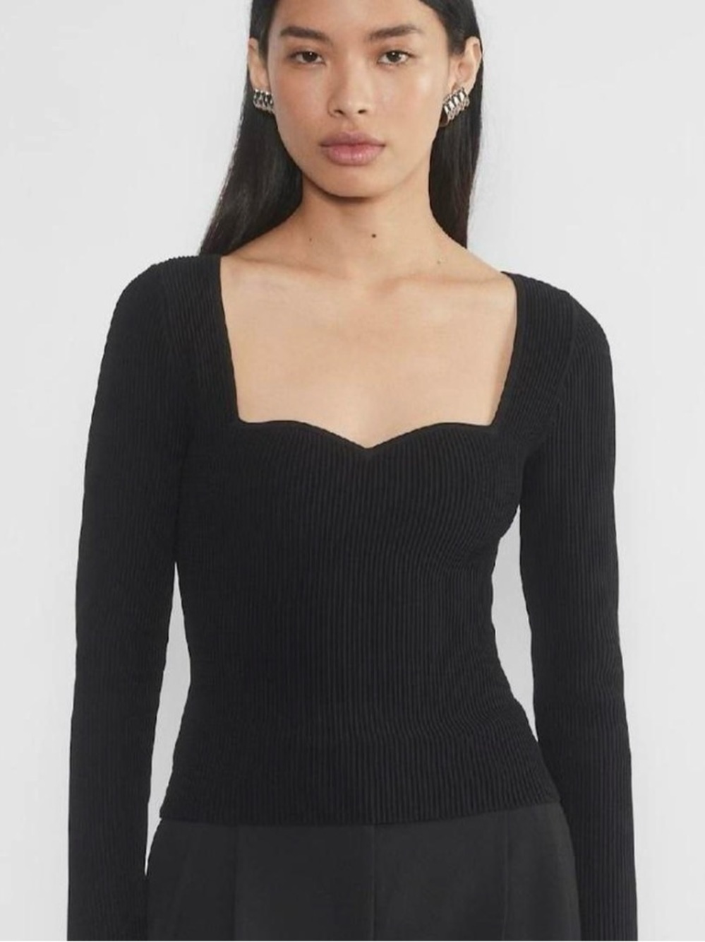 Babaton Black Ribbed Sweetheart Square-Neck Long-Sleeve Top